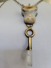 Load image into Gallery viewer, Large Agate Druzy Dragon Head Holding Antique Brass Key with Dolphin Twin Natural Gray Lithium Quartz Point Handmade OOAK
