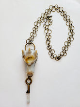 Load image into Gallery viewer, Large Agate Druzy Dragon Head Holding Antique Brass Key with Dolphin Twin Natural Gray Lithium Quartz Point Handmade OOAK
