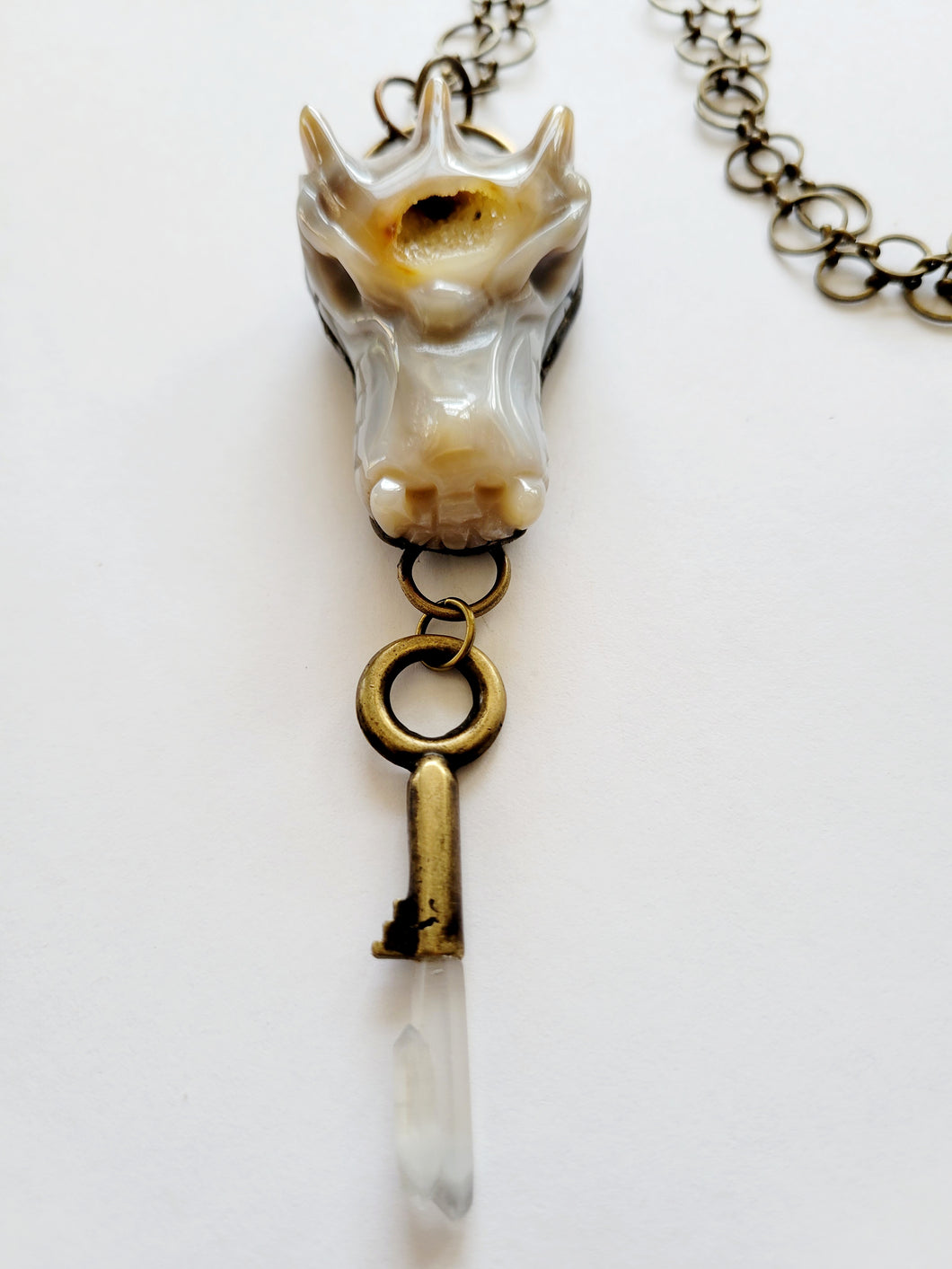 Large Agate Druzy Dragon Head Holding Antique Brass Key with Dolphin Twin Natural Gray Lithium Quartz Point Handmade OOAK