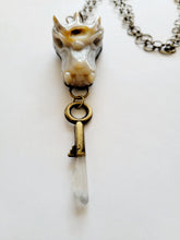 Load image into Gallery viewer, Large Agate Druzy Dragon Head Holding Antique Brass Key with Dolphin Twin Natural Gray Lithium Quartz Point Handmade OOAK
