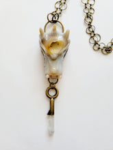 Load image into Gallery viewer, Large Agate Druzy Dragon Head Holding Antique Brass Key with Dolphin Twin Natural Gray Lithium Quartz Point Handmade OOAK
