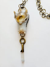 Load image into Gallery viewer, Large Agate Druzy Dragon Head Holding Antique Brass Key with Dolphin Twin Natural Gray Lithium Quartz Point Handmade OOAK
