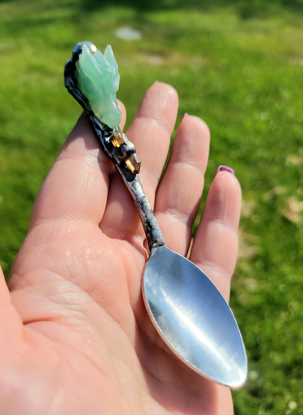 Aventurine Dragon Head Spoon with Faceted Pyrite and DT Citrine Handmade OOAK