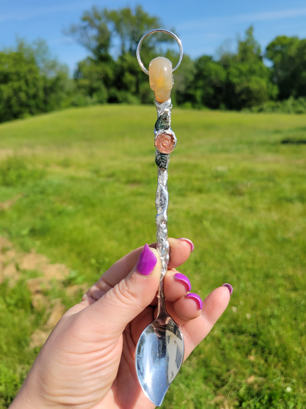 Agate Skull Topped Spoon with Emerald Leaves with a Sunstone FlowerHandmade OOAK