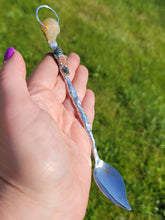 Load image into Gallery viewer, Agate Skull Topped Spoon with Emerald Leaves with a Sunstone FlowerHandmade OOAK
