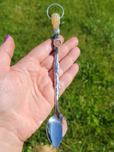 Load image into Gallery viewer, Agate Skull Topped Spoon with Emerald Leaves with a Sunstone FlowerHandmade OOAK
