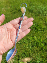 Load image into Gallery viewer, Agate Skull Topped Spoon with Emerald Leaves with a Sunstone FlowerHandmade OOAK
