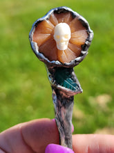 Load image into Gallery viewer, Orange Jade Flower Spoon with Bone Skull and Jade Leaf Handmade OOAK
