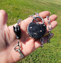 Load image into Gallery viewer, Antique Padlock Black Enamel Steel Padlock and Iron key with Black Obsidian Dragon Handmade  OOAK
