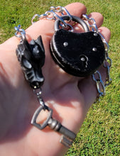 Load image into Gallery viewer, Antique Padlock Black Enamel Steel Padlock and Iron key with Black Obsidian Dragon Handmade  OOAK
