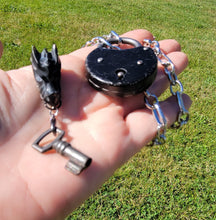 Load image into Gallery viewer, Antique Padlock Black Enamel Steel Padlock and Iron key with Black Obsidian Dragon Handmade  OOAK
