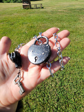 Load image into Gallery viewer, Antique Padlock Black Enamel Steel Padlock and Iron key with Black Obsidian Dragon Handmade  OOAK
