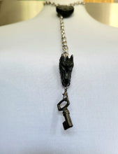 Load image into Gallery viewer, Antique Padlock Black Enamel Steel Padlock and Iron key with Black Obsidian Dragon Handmade  OOAK
