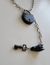 Load image into Gallery viewer, Antique Padlock Black Enamel Steel Padlock and Iron key with Black Obsidian Dragon Handmade  OOAK
