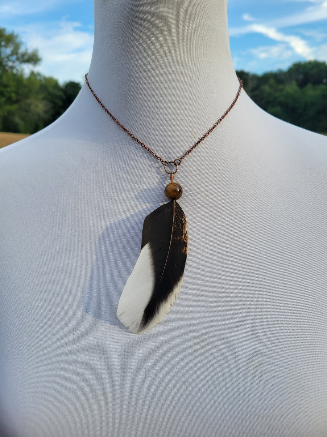 Feather and Tigereye Pendant Necklace Handmade