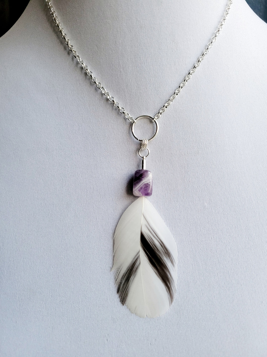 Feather and Chevron Amethyst Pendant Necklace Handmade