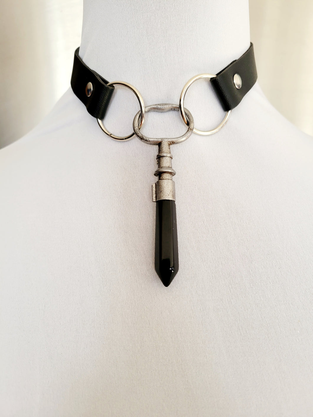 Antique Key with Fitted Obsidian Faux Leather Choker Handmade  OOAK