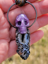 Load image into Gallery viewer, Druzy Agate with Lepidolite Skull Handmade OOAK
