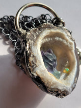 Load image into Gallery viewer, Shimmer Agate Geode with Flourite Dragon and Wello Opal Handmade OOAK
