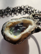 Load image into Gallery viewer, Shimmer Agate Geode with Flourite Dragon and Wello Opal Handmade OOAK
