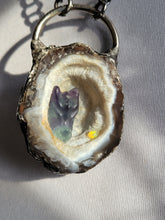 Load image into Gallery viewer, Shimmer Agate Geode with Flourite Dragon and Wello Opal Handmade OOAK
