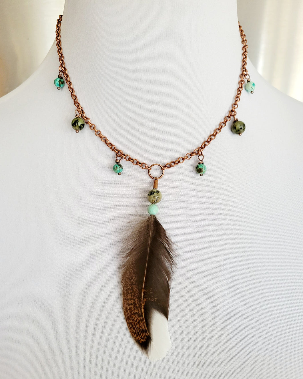 Feather and Turquoise Pendant Necklace Handmade