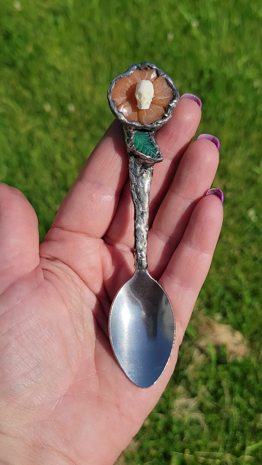 Orange Jade Flower Spoon with Bone Skull and Jade Leaf Handmade OOAK