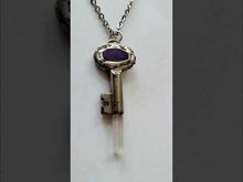 Load and play video in Gallery viewer, Antique Vintage Key with Charoite &amp; Arkansas Quartz Handmade OOAK
